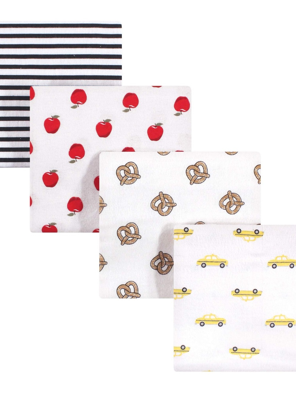 Hudson Baby Receiving Blankets-      4 Pack-Apple, Pretzel, Taxi & Navy Stripe